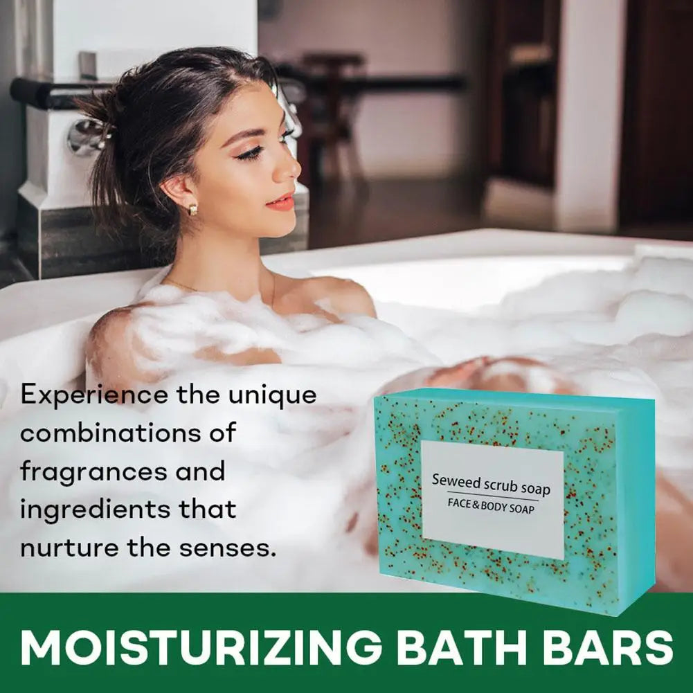 1/2PCS 100G Seaweed scrub particle soap is rich in vitamin E. It contains olive oil, which gently cleanses the face, moisturizes