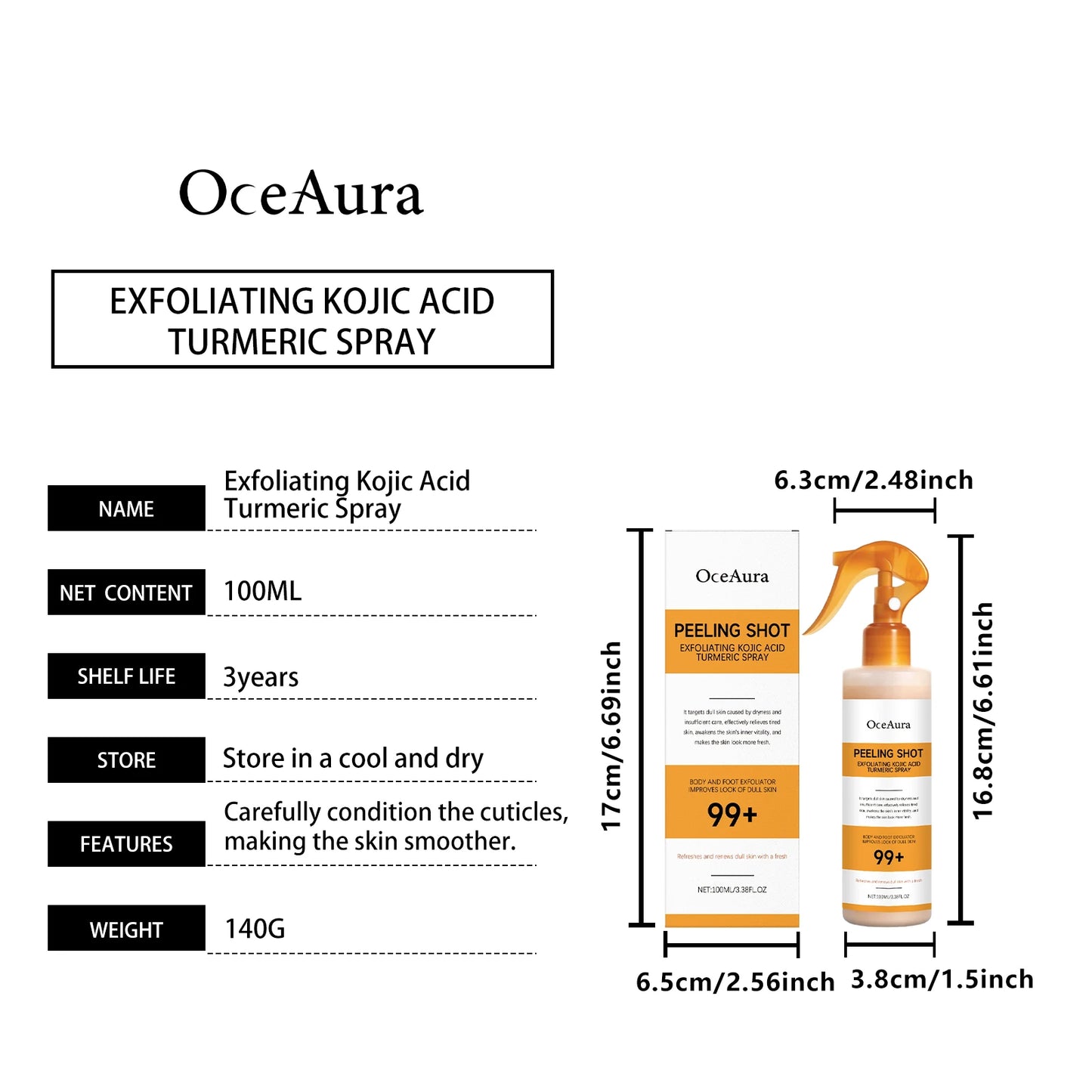 OceAura Peel Shot Kojic Acid Turmeric Spray Dead Skin Remover Smooth Body Exfoliant Improve Dullness Refreshing Hydrating Spray