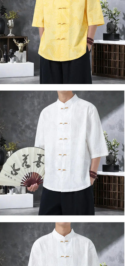 Men's Lightweight Printed Shirt Summer Chinese Style Mandarin Collar Casual Top with Frog Buttons Oriental Design