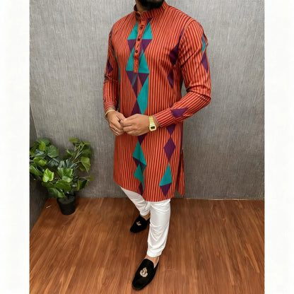 2026 Summer Men'S Digital Printed Kurta Vardha Regular Fit Mandarin Collar All Occasions Arabe Hombre Ropa Marokkaanse Kaftan