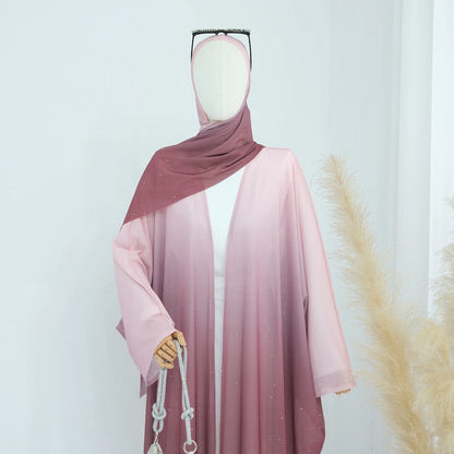 Islamic Shiny Gradient Color Cardigan for Women Muslim Hijab Abaya Dubai Party Dresses Turkey Kaftan Moroccan Robe Fashion