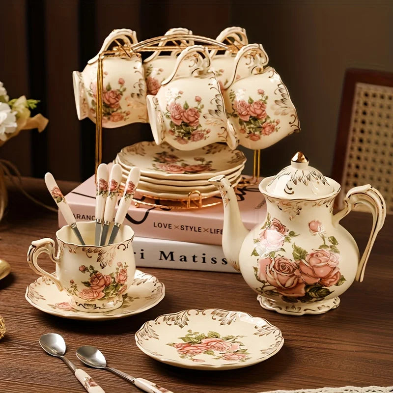 Ivory Floral Tea Cup Set – Ceramic Cups & Saucers with Golden Rack