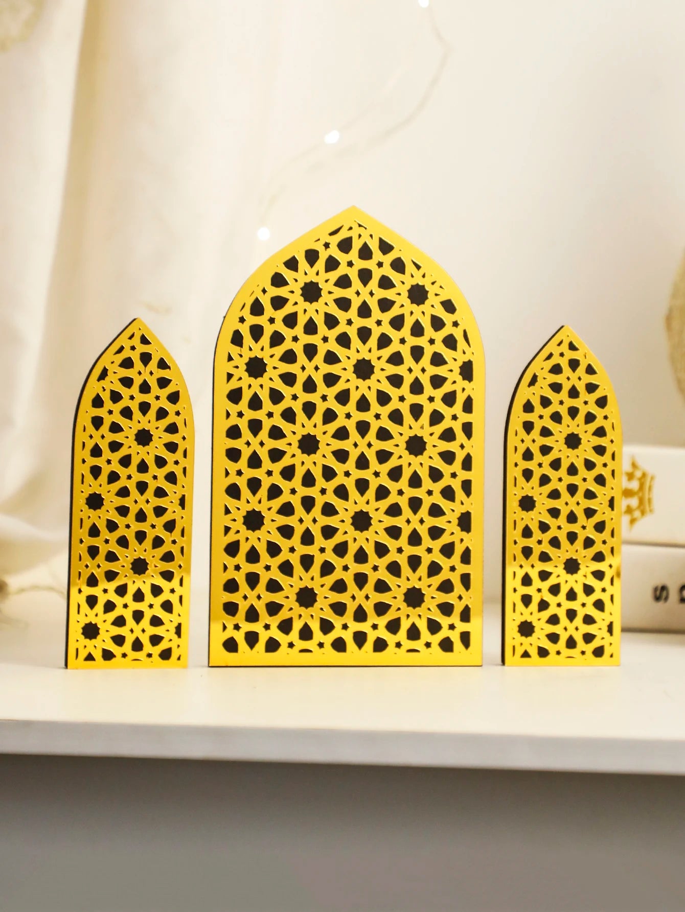 3Pcs/Set Islamic Geometric Arch Decor Golden & Floral Acrylic Table Ornaments Wooden Festive Home Decor for Ramadan & Eid Gifts