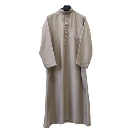 Polyester men's long robe, Qatar style stand collar robe, pocket design, Arabian and Middle Eastern men's clothing, available in