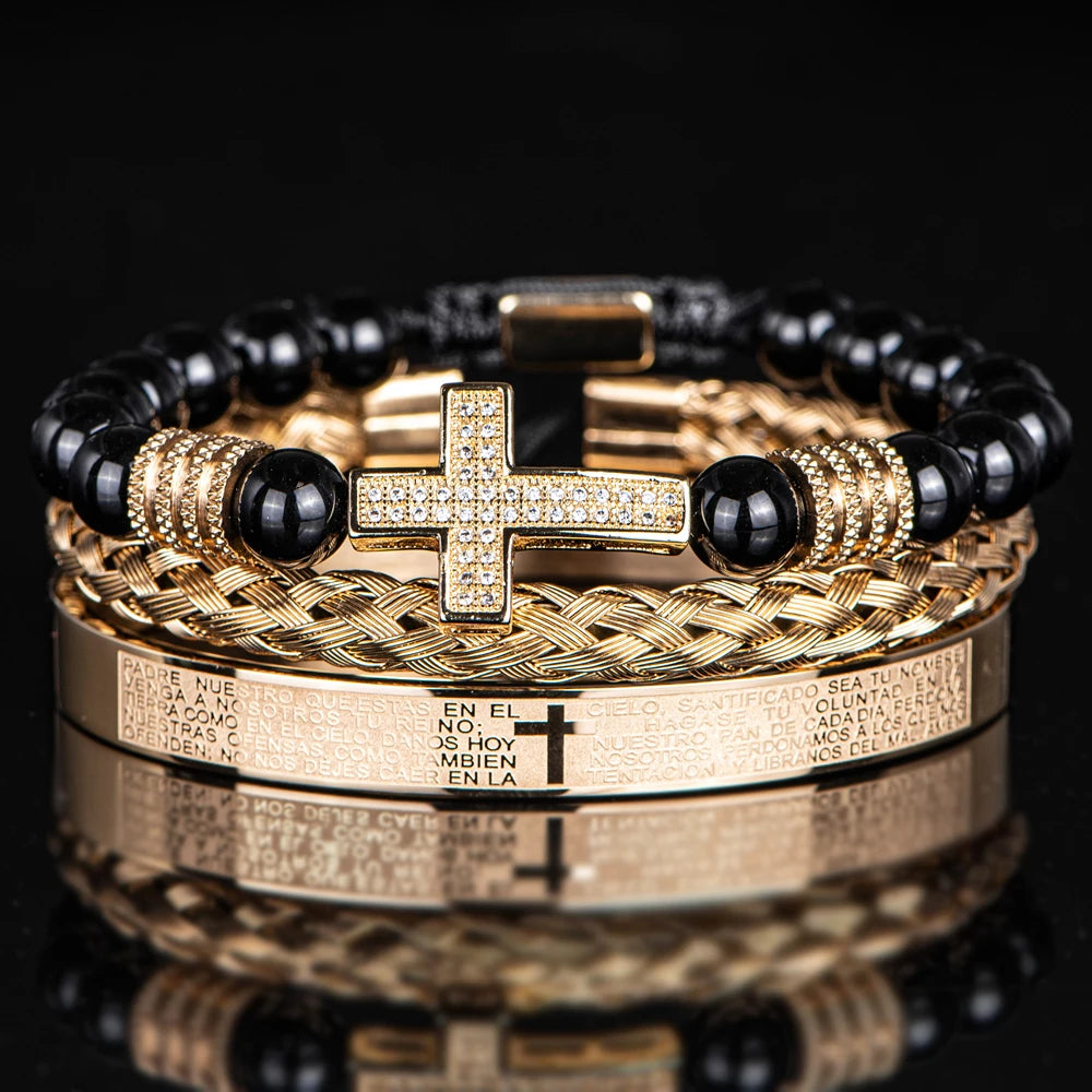 Men'S Vintage Black Onyx Beaded Bracelet with Synthetic Zirconia Cross, Bible Verses Stainless Steel Wristband Religious Jewelry