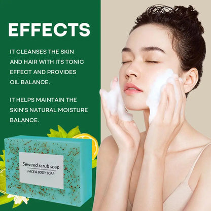 1/2PCS 100G Seaweed scrub particle soap is rich in vitamin E. It contains olive oil, which gently cleanses the face, moisturizes