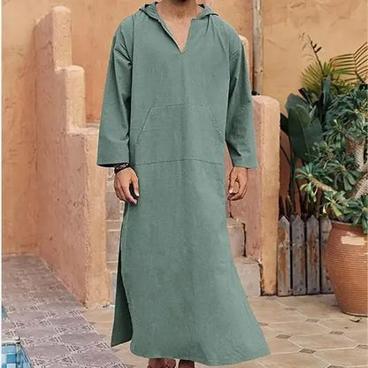 2026 New Muslim Robe Solid Color Retro Arab Islamic Clothing Men Dress Casual Cotton Linen Long Kaftan Middle East Caftan Abayas