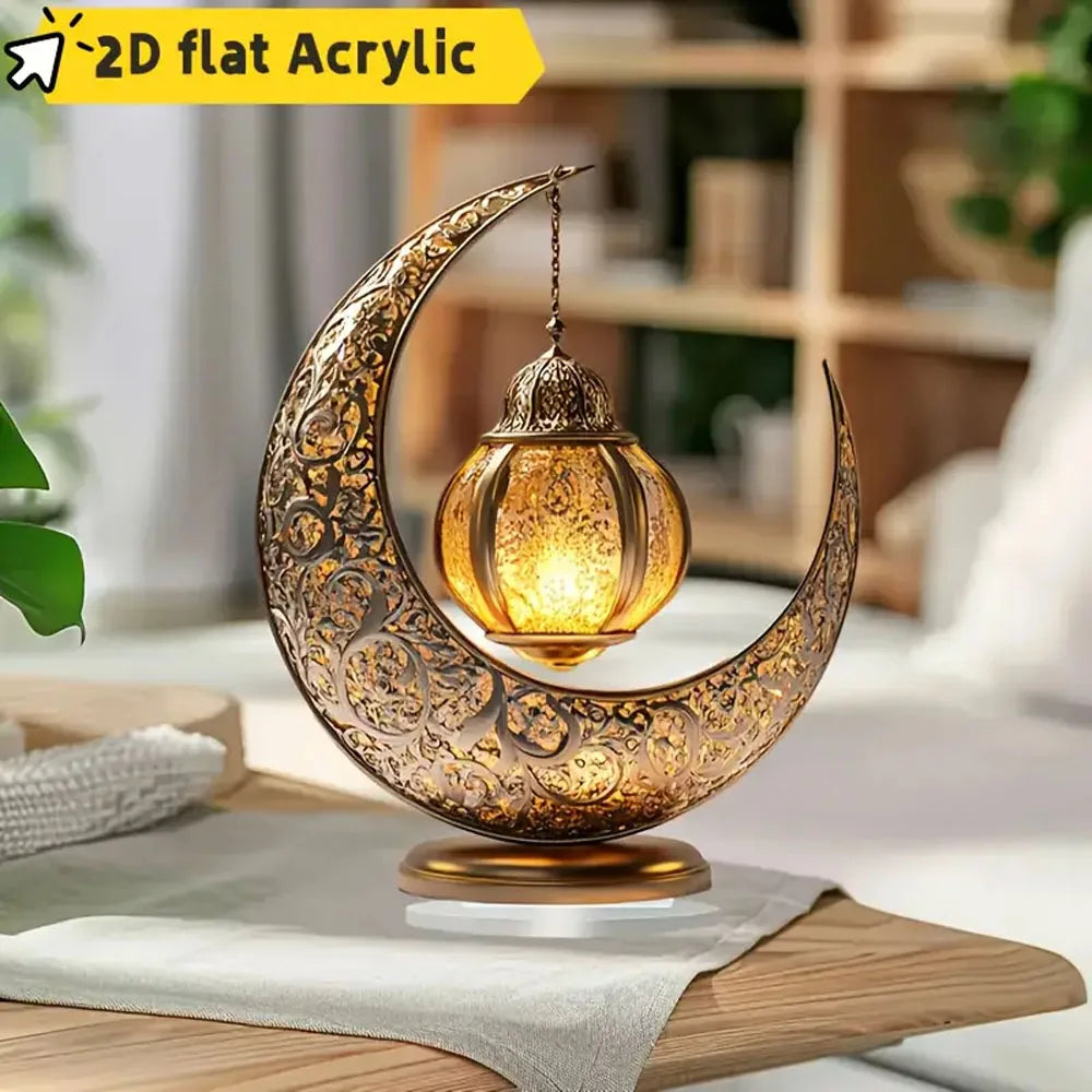 2D Flat, Elegant Acrylic Eid al-Fitr Tabletop Decoration - Classic Crescent Moon with Intricate Patterns and Glowing Ornament