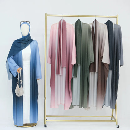 Islamic Shiny Gradient Color Cardigan for Women Muslim Hijab Abaya Dubai Party Dresses Turkey Kaftan Moroccan Robe Fashion