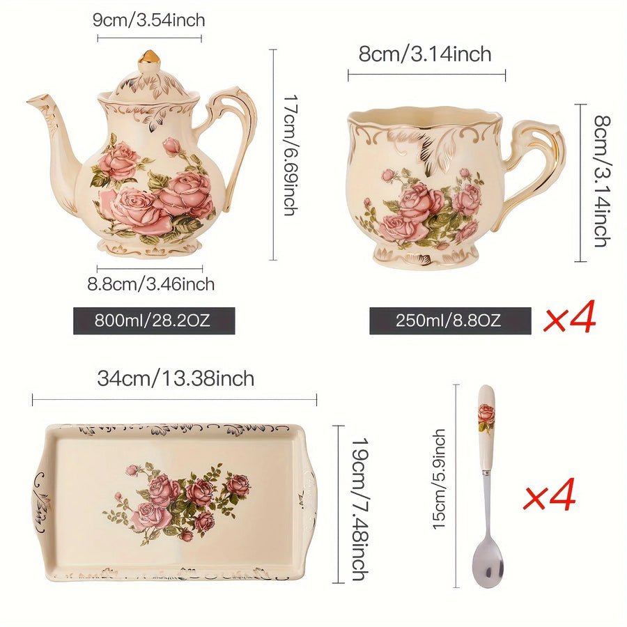 Ivory Floral Tea Cup Set – Ceramic Cups & Saucers with Golden Rack
