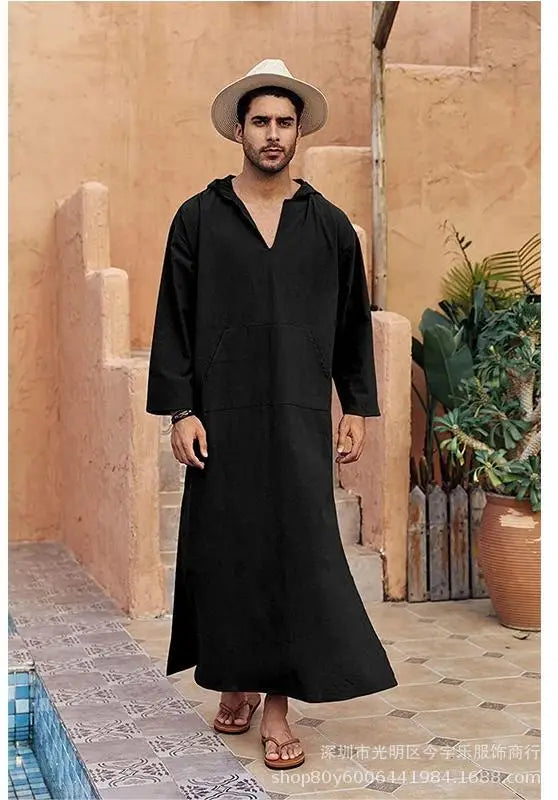 2026 New Muslim Robe Solid Color Retro Arab Islamic Clothing Men Dress Casual Cotton Linen Long Kaftan Middle East Caftan Abayas