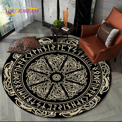 Viking Valknut Yggdrasil Tree of Life Round Area Rug,Carpet Rug for Living Room Bedroom Sofa Playroom Decor,Non-slip Floor Mat