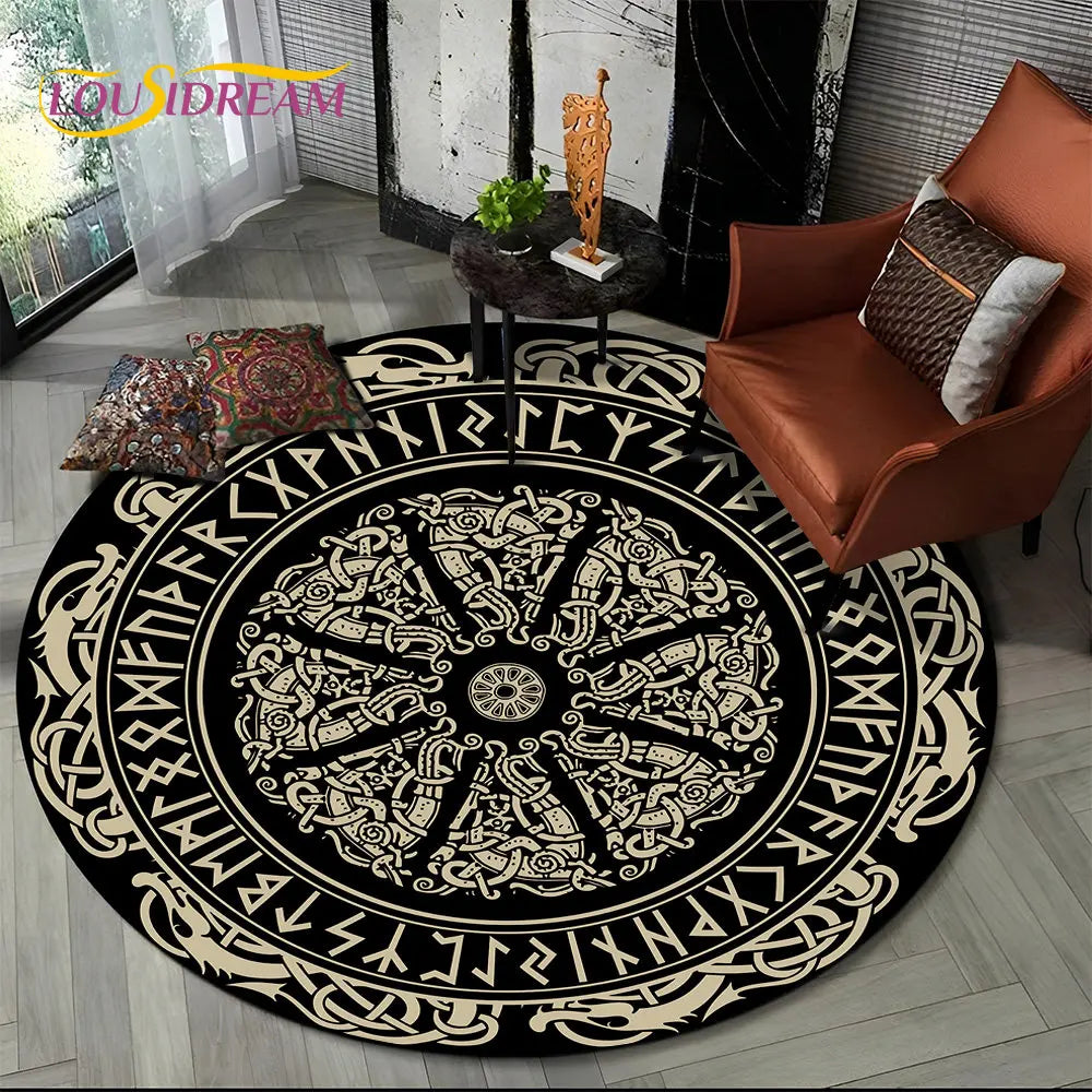 Viking Valknut Yggdrasil Tree of Life Round Area Rug,Carpet Rug for Living Room Bedroom Sofa Playroom Decor,Non-slip Floor Mat