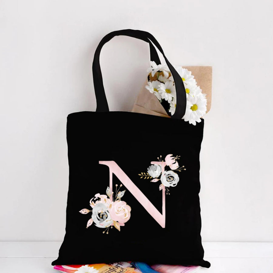 Her Letter, Her Bloom – Personalized Floral Initial Canvas Tote