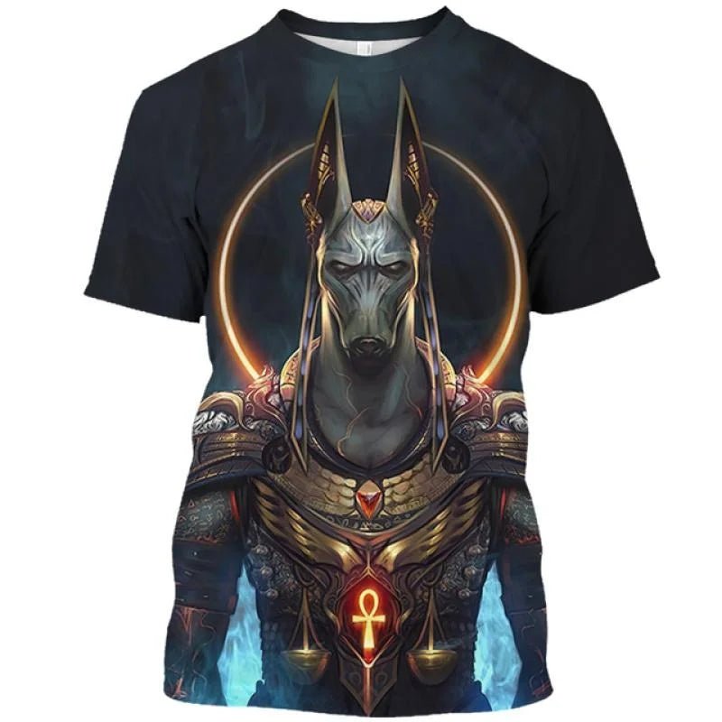 Golden Pharaoh & Anubis T-Shirt – Men's Egyptian Print O-Neck Short Sleeve Tee