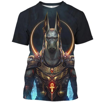 Golden Pharaoh & Anubis T-Shirt – Men's Egyptian Print O-Neck Short Sleeve Tee