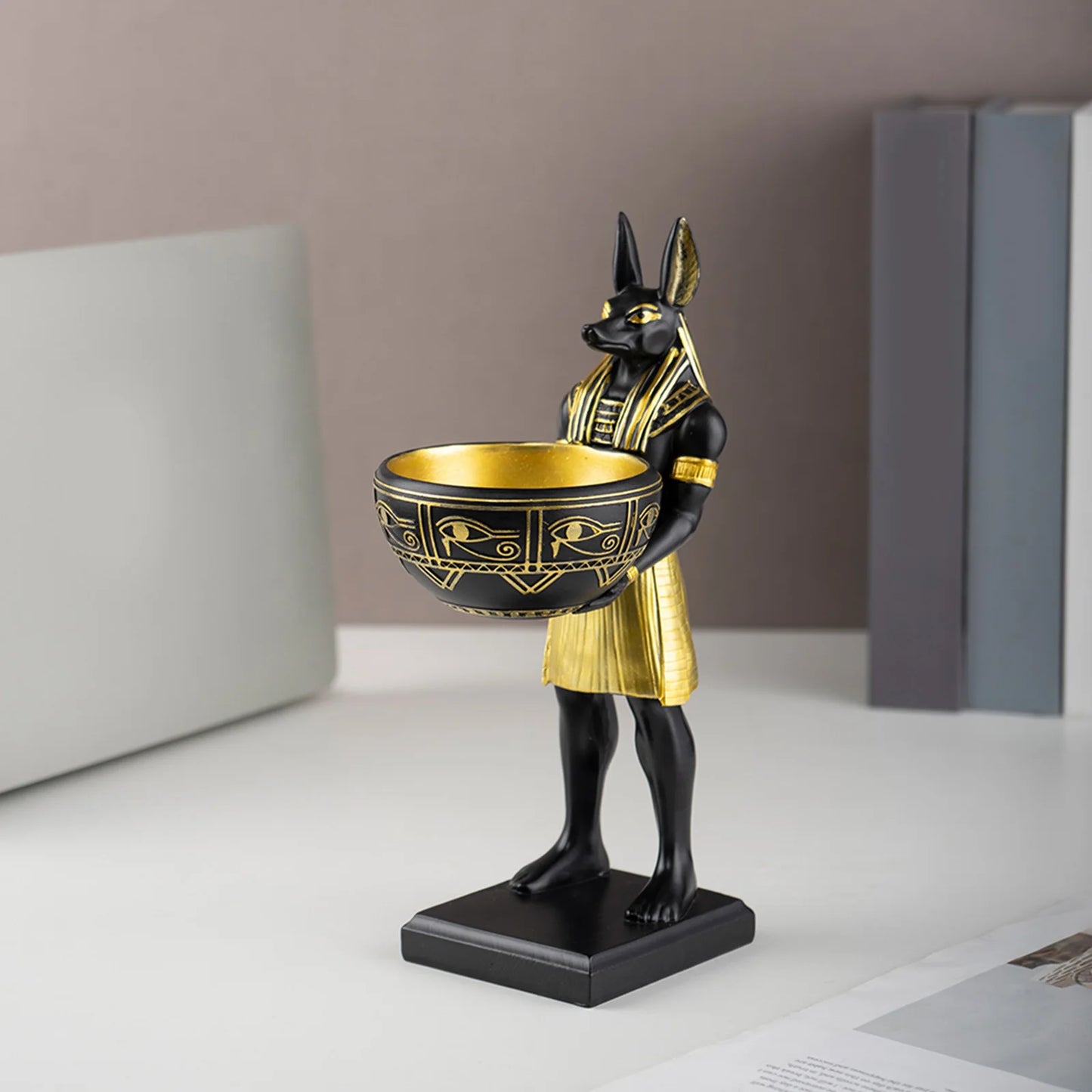 25cm Anubis God Statue Ancient Egypt Art Sculpture with Bowl for Keys/Jewelry Gift for Mythology Lovers & History Buffs