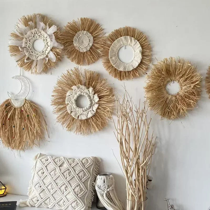 Raffia Woven Wall Hanging, Japanese Moroccan Style Grass Decor for Hotel B&B, Wooden Frame Wall Art