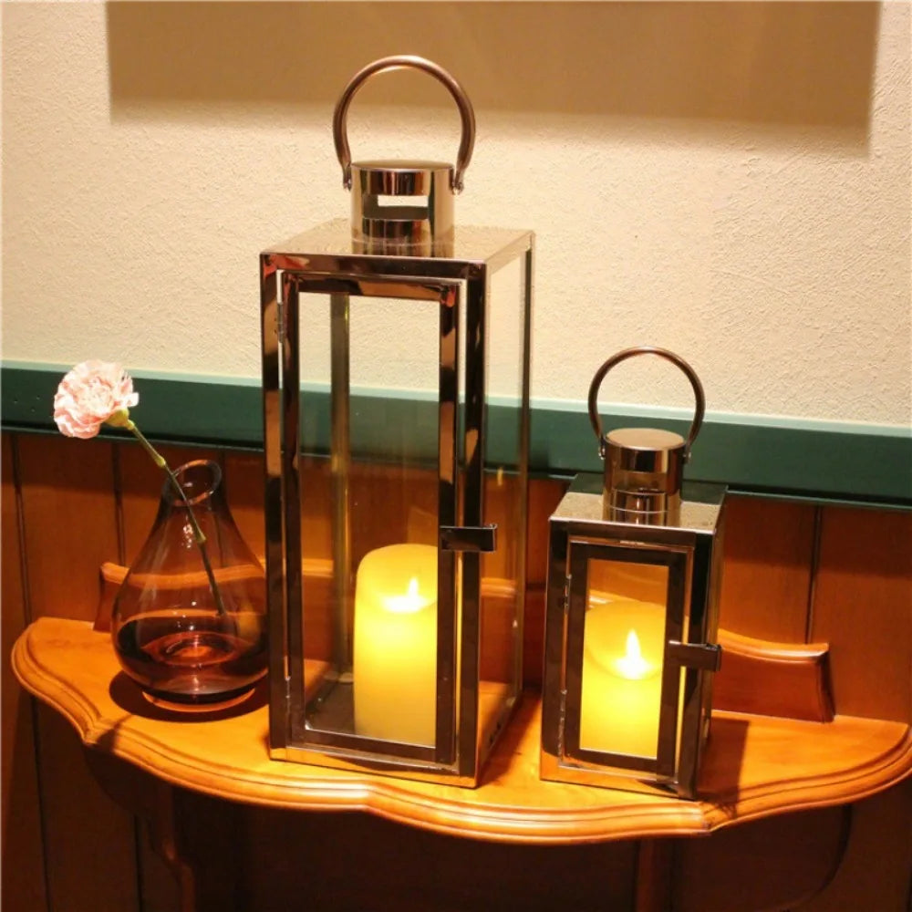 Stainless Steel Lantern Candlestick Eid Mubarak LED Wind Lamp Decor for Ramadan Kareem Aid Eid al-Fitr Home Wind Lantern Decor