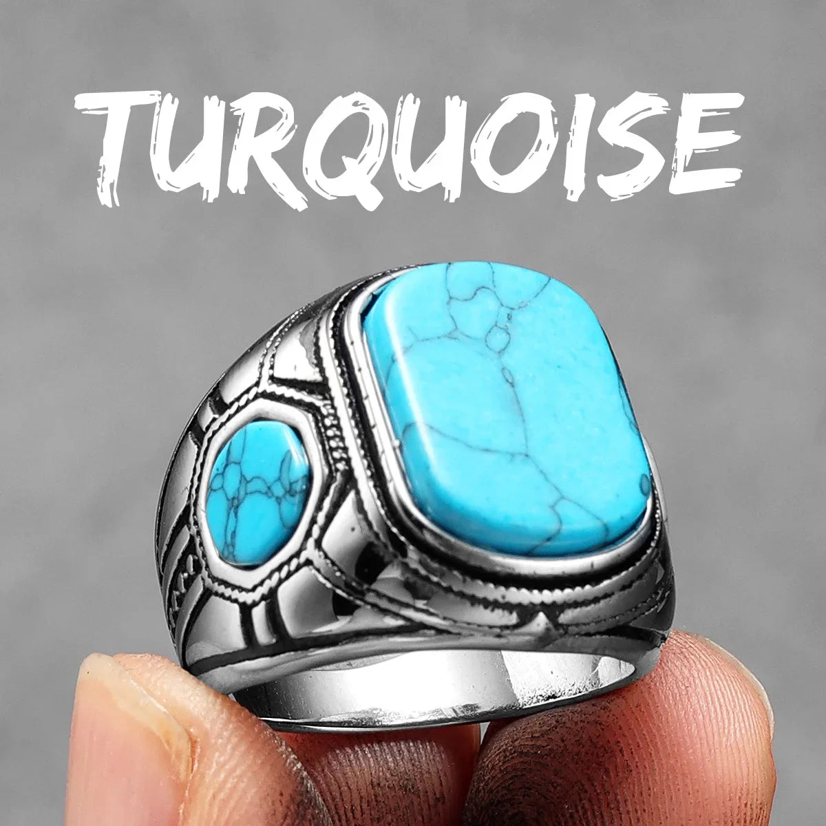 Vintage Black Turquoise Carved Men Rings Stainless Steel Punk Rock Luxury Fashion Jewelry Accessories For Women Gift Wholesale