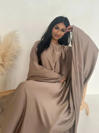 Eid Muslim Kaftan Satin Batwing Abaya Dubai Luxury Arabic African Dresses Abayas For Women Caftan Marocain Robe Femme Musulmane