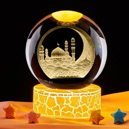 Ramadan Glowing Mosque Crystal Ball Ornament Islamic 3D Home Interior Party Desk Rotating Decoration Figurines Atmosphere Gifts