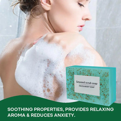 1/2PCS 100G Seaweed scrub particle soap is rich in vitamin E. It contains olive oil, which gently cleanses the face, moisturizes