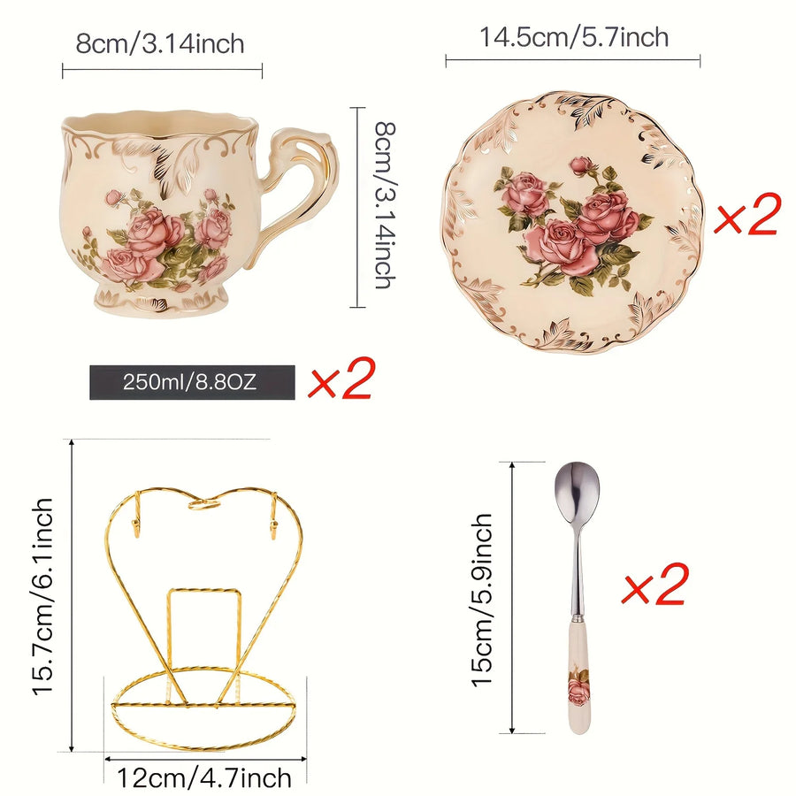 Ivory Floral Tea Cup Set – Ceramic Cups & Saucers with Golden Rack