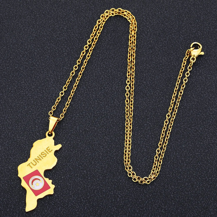 Tunisia Map & Flag Pendant – Stainless Steel Necklace, Gold & Silver Tone