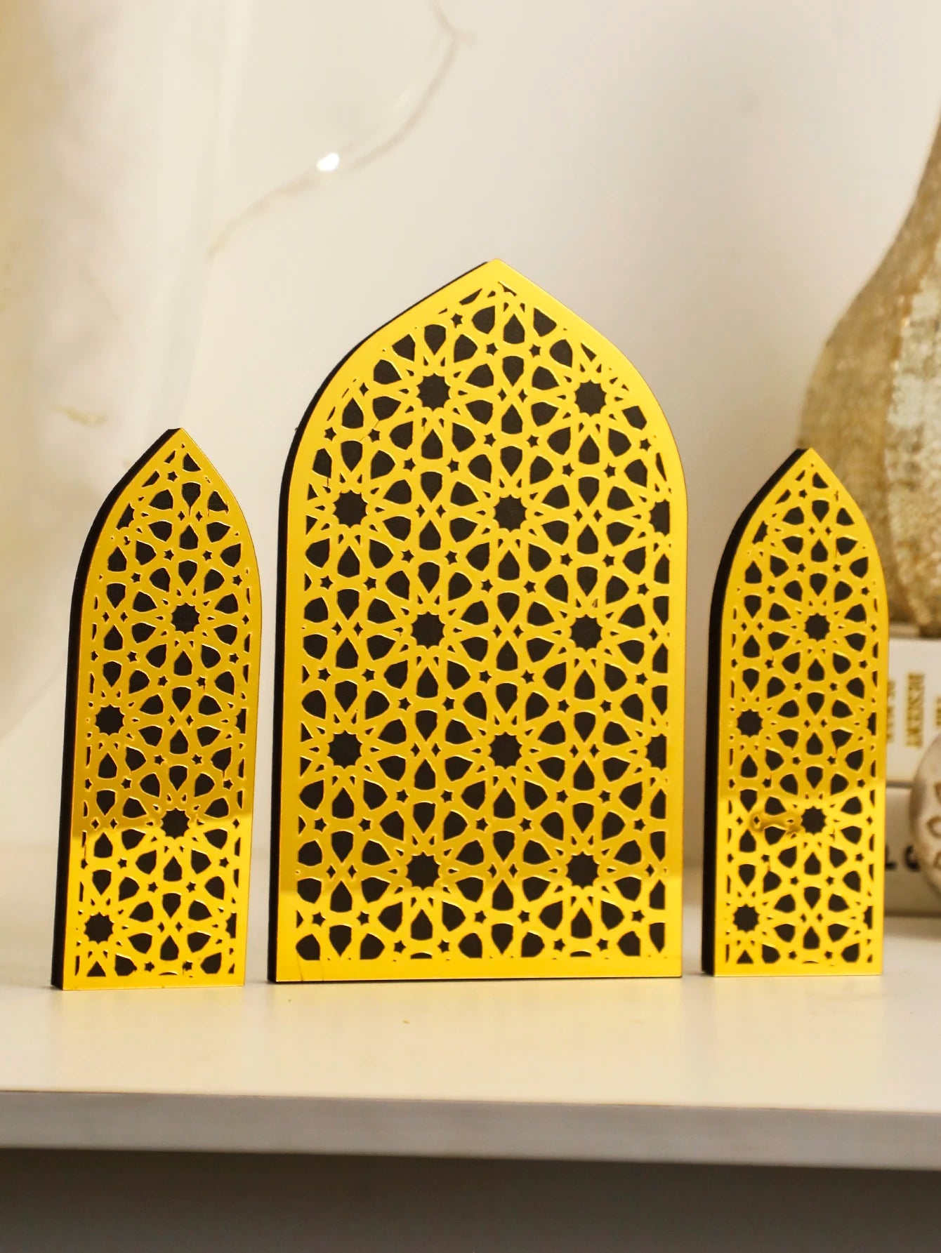 3Pcs/Set Islamic Geometric Arch Decor Golden & Floral Acrylic Table Ornaments Wooden Festive Home Decor for Ramadan & Eid Gifts