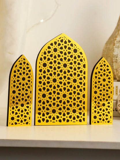 3Pcs/Set Islamic Geometric Arch Decor Golden & Floral Acrylic Table Ornaments Wooden Festive Home Decor for Ramadan & Eid Gifts