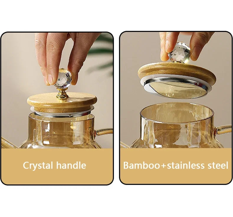 Glass Tea Kettle with Bamboo Lid – Removable Filter, 1-1.8L for Loose Leaf & Fruit Tea