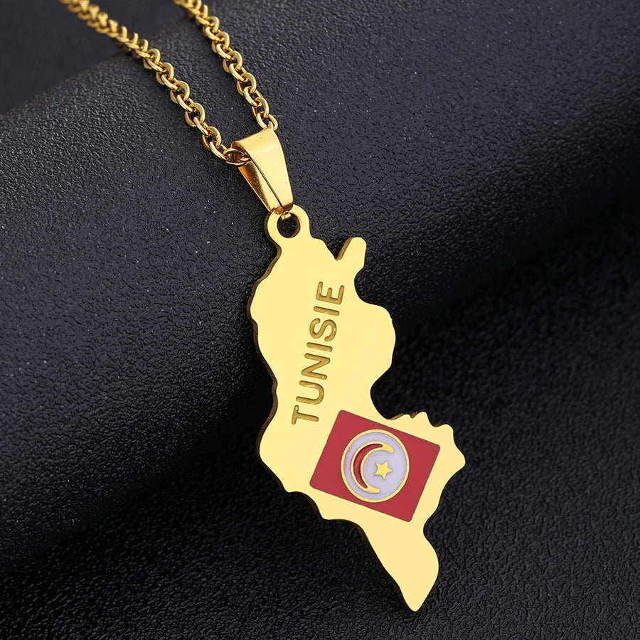 Tunisia Map & Flag Pendant – Stainless Steel Necklace, Gold & Silver Tone