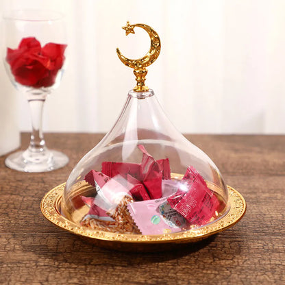 Ramadan Cake Tray with Clear Dome Lid Eid Metal Eid Mubarak Candy Tray Reusable Dessert Box Food Storage Organizer Nuts, Candies