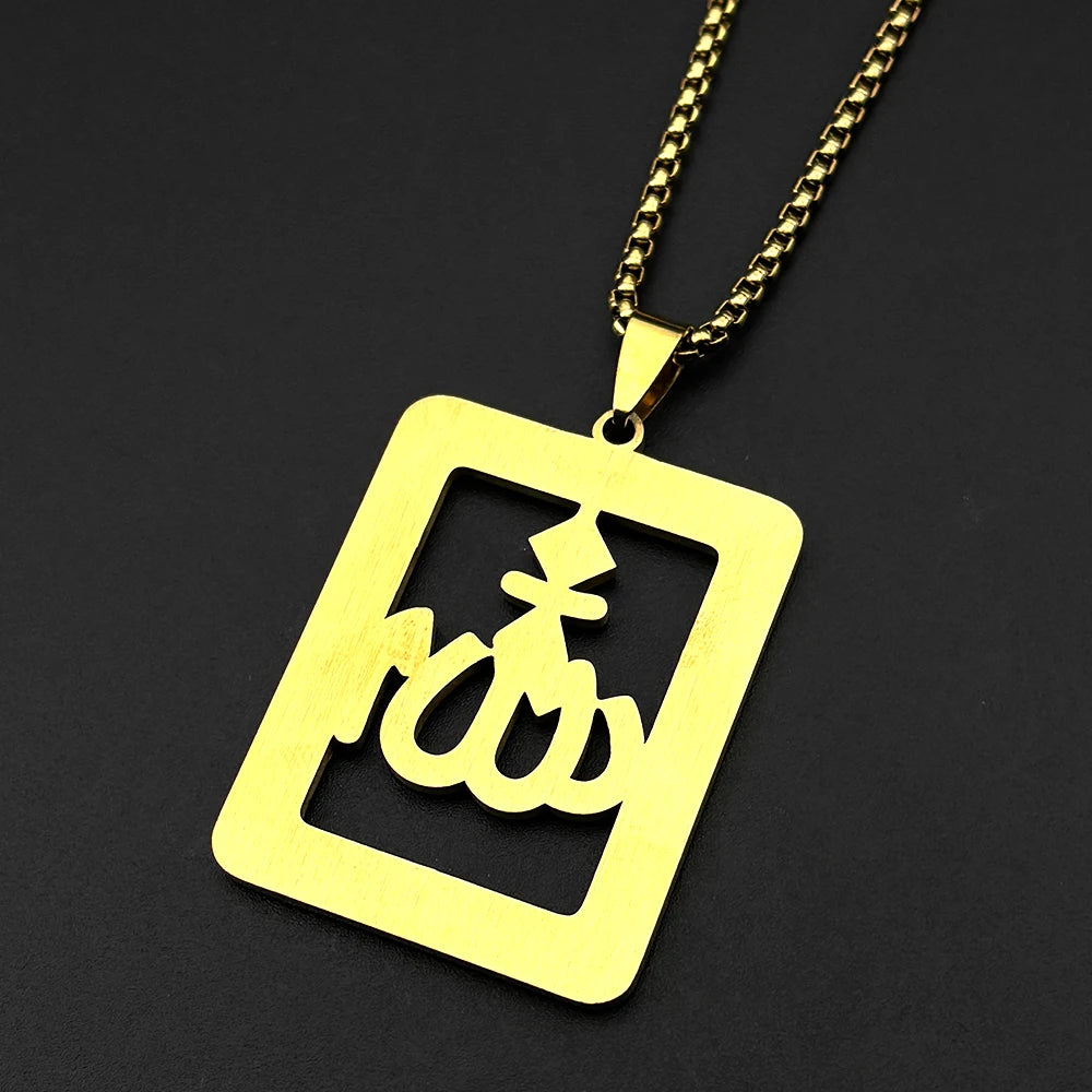 Islamic Arab Allah God Name Pendant Necklace for Men Women Stainless Steel Gold Color Rhinestones Muslim Chain Amulet Jewelry