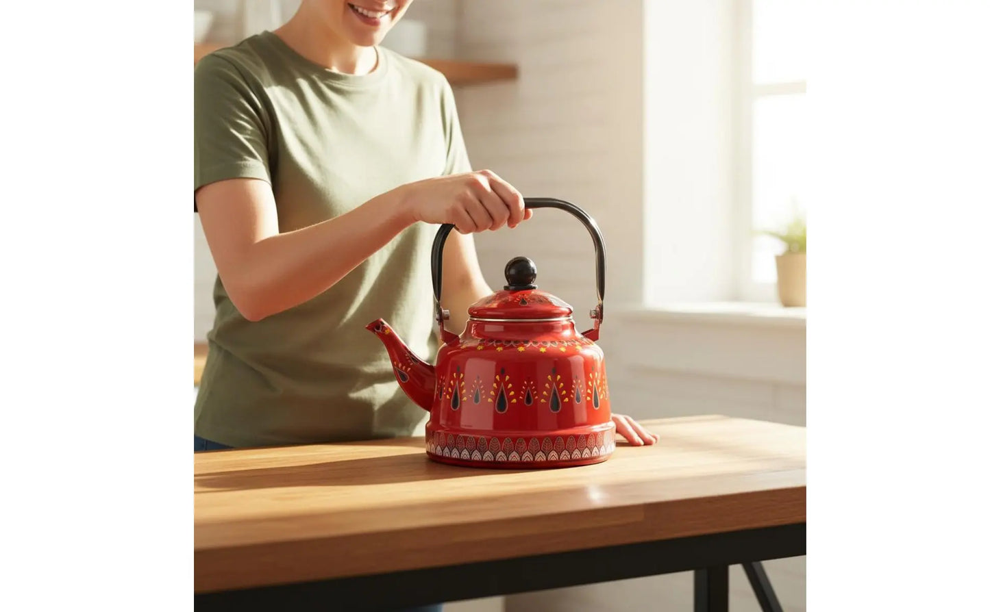Enamel Kettle for Boil Water Round Teapot Easy to Clean Vintage Water Kettle Anti-Scald Water Kettle for Stovetop Kitchen Home