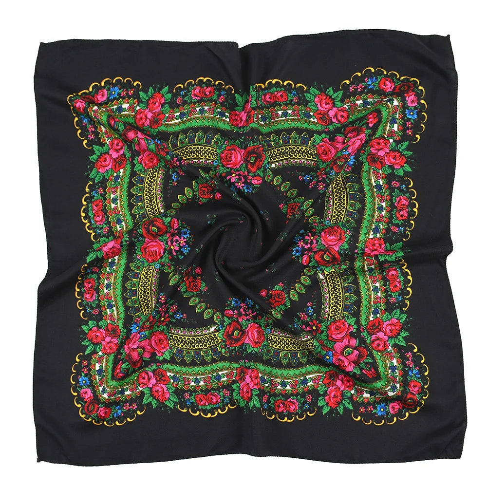 Babushka Bloom – 70cm Retro Floral Square Headscarf for Women