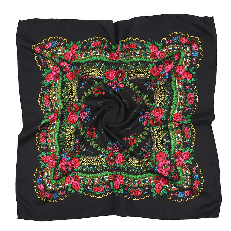 Babushka Bloom – 70cm Retro Floral Square Headscarf for Women