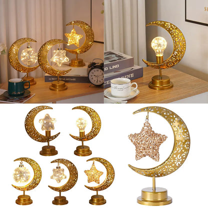 Ramadan Iron Art Moon LED Lights Eid Mubarak Decoration Ramadan Kareem Party Hanging Star Light Islamic Muslim Festival Supplies