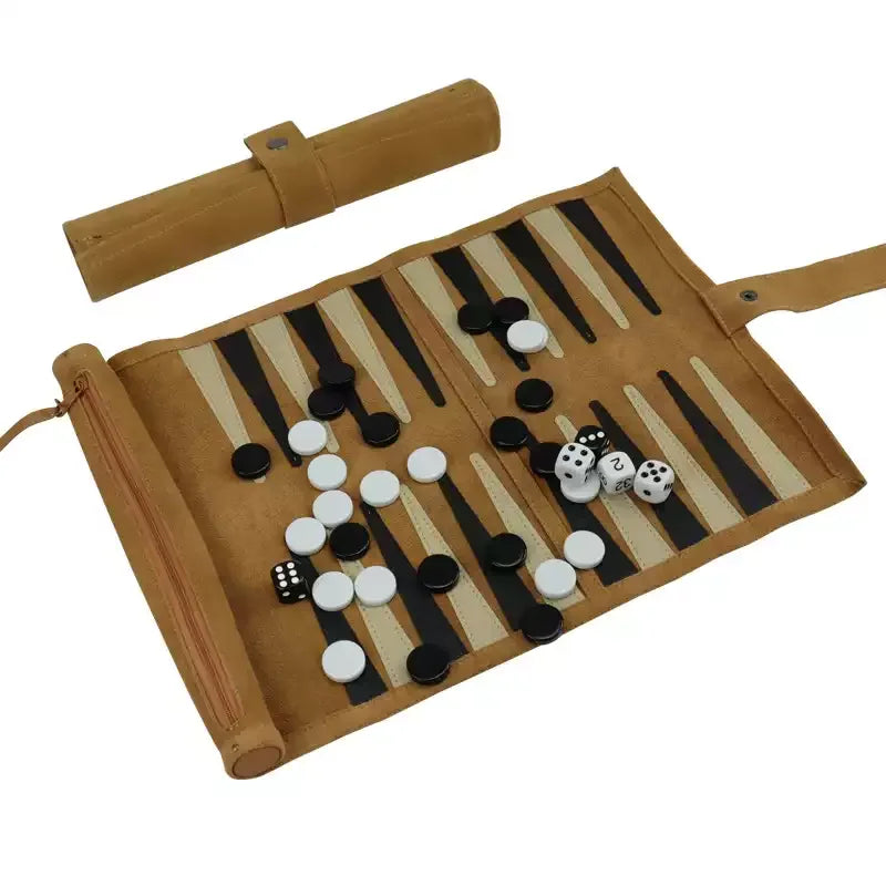 Portable Backgammon Chess Set Roll Up Storage Suede Case with Black White Pieces Travel Board Game Outdoor Popular