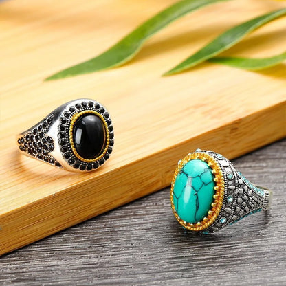 Retro Handmade Turkish Signet Ring Vintage Men's Ancient Metal Turquoise Zircon Rings Men Wedding Party Punk Motor Biker Jewelry