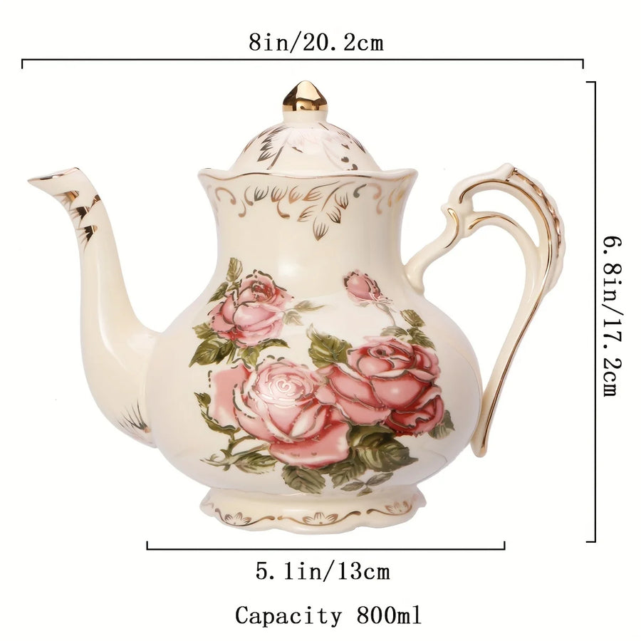 Ivory Floral Tea Cup Set – Ceramic Cups & Saucers with Golden Rack