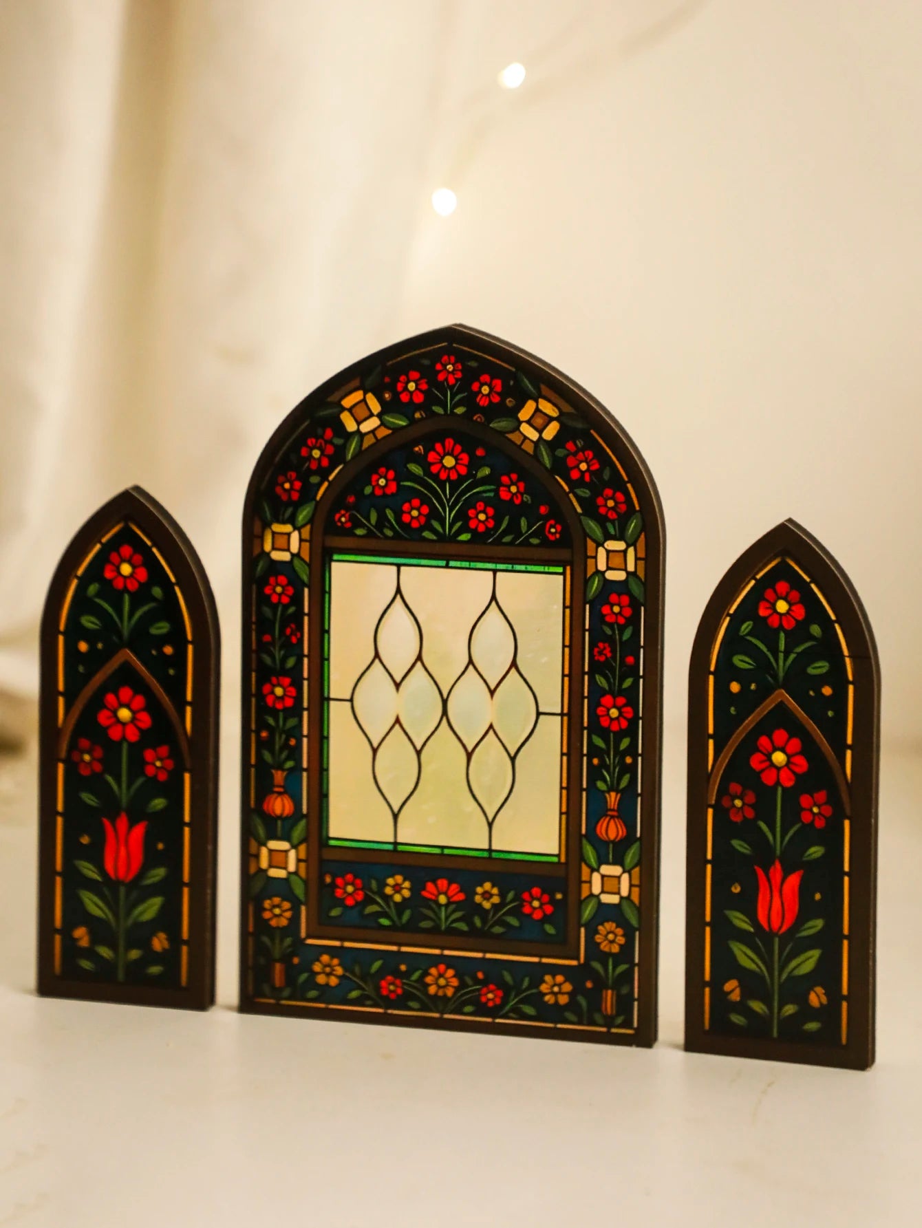 3Pcs/Set Islamic Geometric Arch Decor Golden & Floral Acrylic Table Ornaments Wooden Festive Home Decor for Ramadan & Eid Gifts