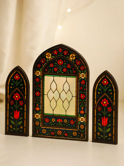 3Pcs/Set Islamic Geometric Arch Decor Golden & Floral Acrylic Table Ornaments Wooden Festive Home Decor for Ramadan & Eid Gifts