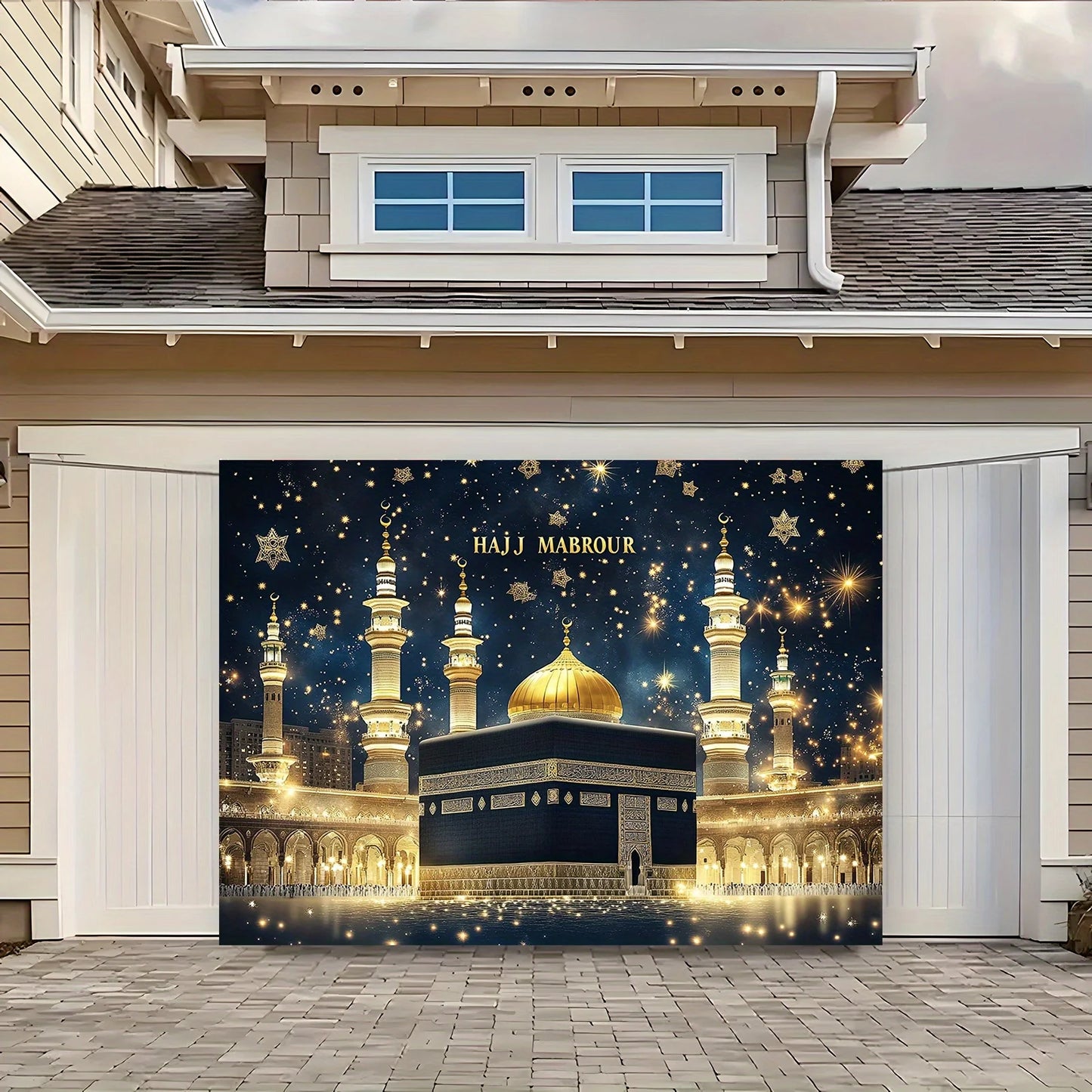 1 piece of 2D night view golden minaret starry sky background cloth of the Haji Mabul Islamic Mosque, for Eid al-Fitr decoration