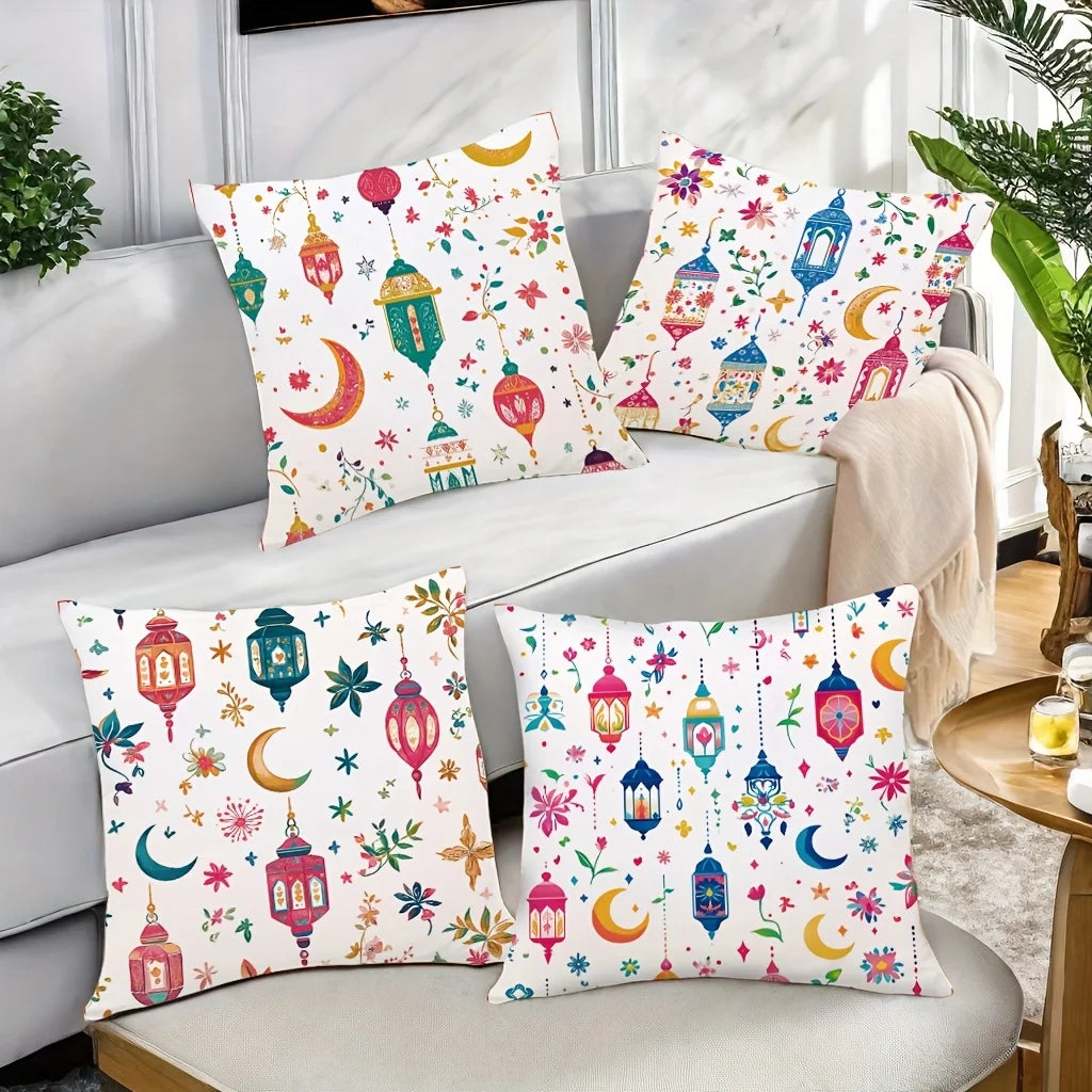 4Pc Bohemian Ramadan Lantern Throw Pillow Covers with Crescent Moon Floral Leaf Print Cushion Cases for Sofa Living Room Bedroom