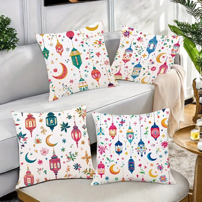 4Pc Bohemian Ramadan Lantern Throw Pillow Covers with Crescent Moon Floral Leaf Print Cushion Cases for Sofa Living Room Bedroom