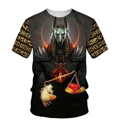Golden Pharaoh & Anubis T-Shirt – Men's Egyptian Print O-Neck Short Sleeve Tee