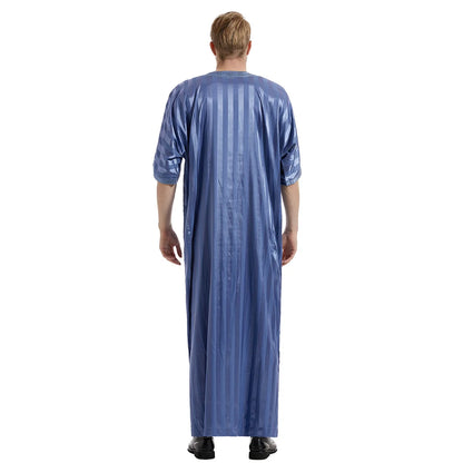Middle Eastern Muslim Men's Striped Middle Sleeve Embroidered Robe Half Sleeve Arabic Costume Traditional Men's Robe