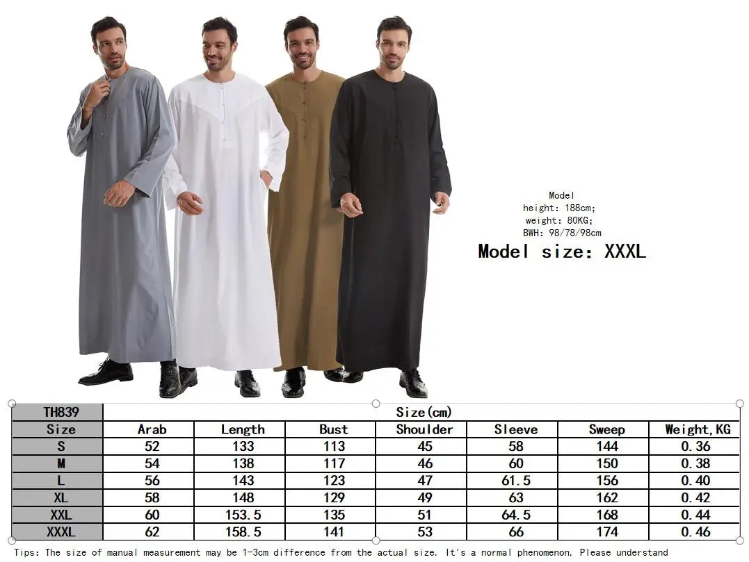 TH839 Men's Muslim Middle Eastern Men Long Sleeves Pure Color Buckle Robe Ramadan Eid Jubba Thobe